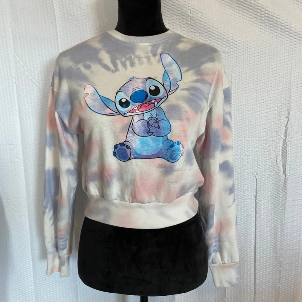 Disney Stitch Pink & blue tie-dye long sleeve crop top sweatshirt size XS.